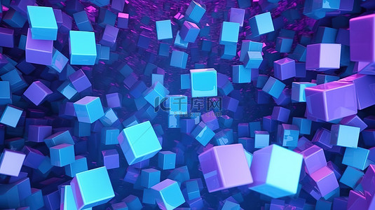 飞行蓝色背景图片_一组飞行蓝色和紫色立方体的抽象 3D 渲染