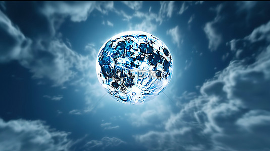 幽灵般的万圣节背景 3D 渲染，蓝天白云下的大满月