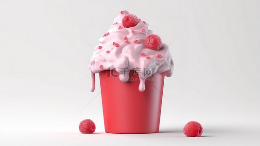 草莓雪糕背景图片_草莓冰淇淋软服务在一个去杯 3d 渲染隔离在卡通风格的白色背景