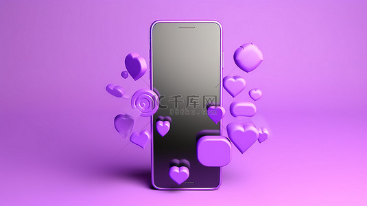 3D 渲染紫色手机，带有语音气泡评级和客户评论插图