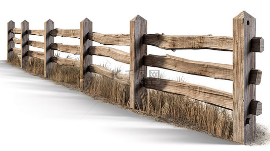 孤立的 3d 牧场围栏，由木头制成，白色背景上有修剪路径