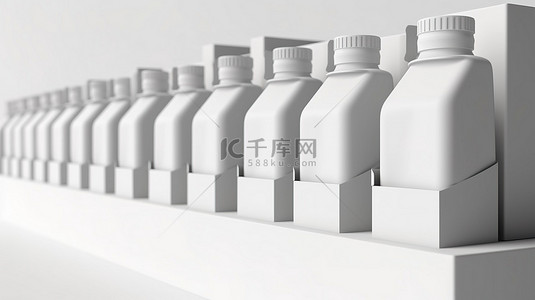 展示架上的牛奶或果汁空纸箱，采用 3D 渲染技术创建的白色背景