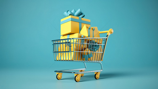 黄色礼物盒子背景图片_蓝色背景下 3D 渲染中位于购物车上的黄色礼品盒