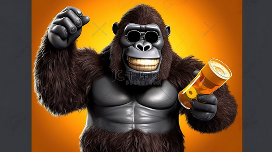 大猩猩背景图片_一个古怪的 3D 大猩猩吉祥物，展示一个标志和一个啤酒杯