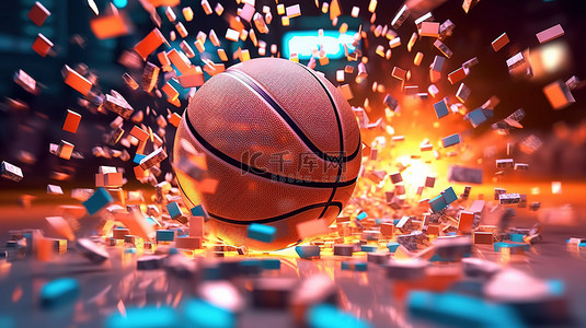 球碰撞背景图片_霓虹灯 3D 渲染中破碎的篮球