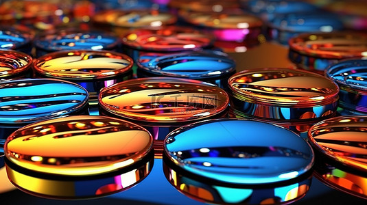 抽象金属圆圈上彩色反射的 3d 渲染