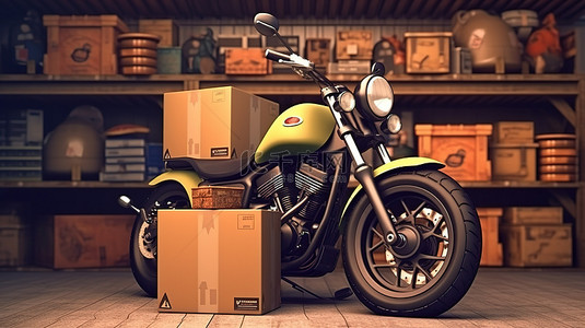 携带物品盒的摩托车 3D 渲染和插图