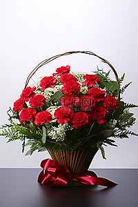红色康乃馨与绿色植物混合的花束