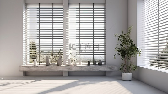 室内阳光和阴影 3D 渲染工作室拍摄，百叶窗下展示白色产品
