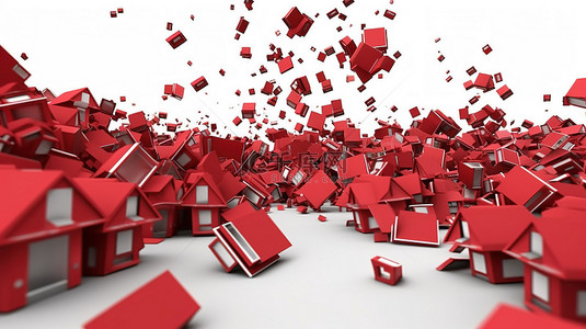多个深红色房屋倒在空白白色画布上的 3D 渲染