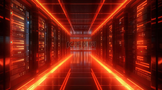 云起logo背景图片_服务器设备上红灯亮起的数据中心的 3D 渲染
