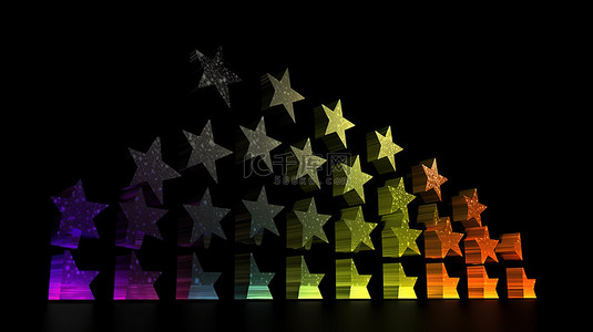 一排彩色星星 3D 插图显示数量逐渐减少