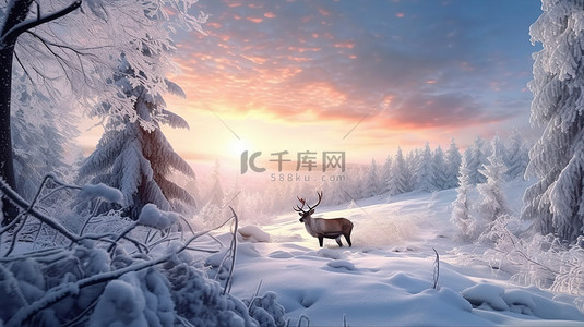 冰冻荒野 3D 渲染的雪林景观和日出时雄伟的雄鹿