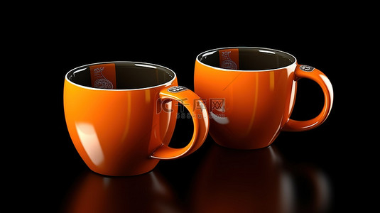 深色背景下充满活力的橙色塑料咖啡杯特写 3D 渲染
