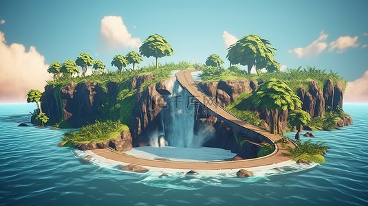 热带海洋岛背景图片_超现实的场景，热带岛屿瀑布和海洋中的漂浮道路