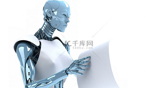 持有蓝色空白纸的女性机器人或机器人的白色背景 3D 渲染