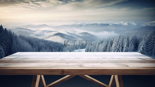 背景插画风景背景图片_从 3D 木桌欣赏美丽的冬季景色