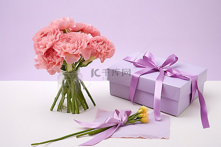 小礼物盒背景图片_粉色康乃馨和领结花，配有小礼物和盒子
