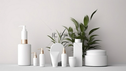 化妆品产品展示模型 3d 渲染具有讲台白色背景和绿色植物
