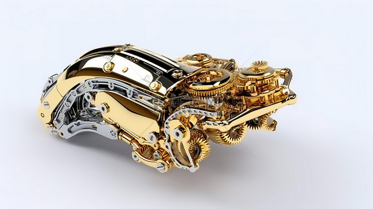 1 在白色背景上持有金色数字比特币的铬合金机器人爪的 3D 渲染