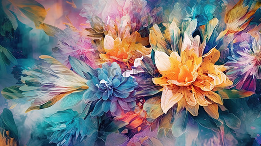创意水彩画背景中热带树叶和抽象鲜艳花朵的 3D 插图