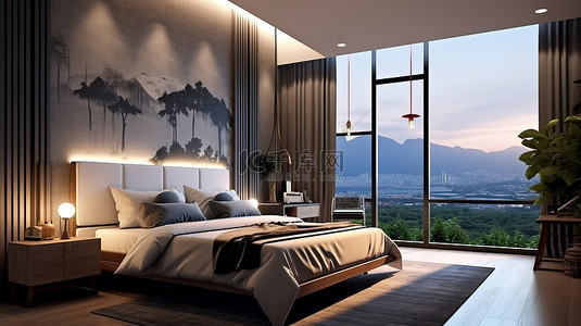 卧室枕头背景图片_现代公寓中时尚卧室的当代 3D 渲染