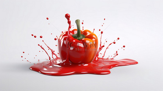奇异的辣椒粉分离并浸入番茄酱和果汁 3D 图像设计