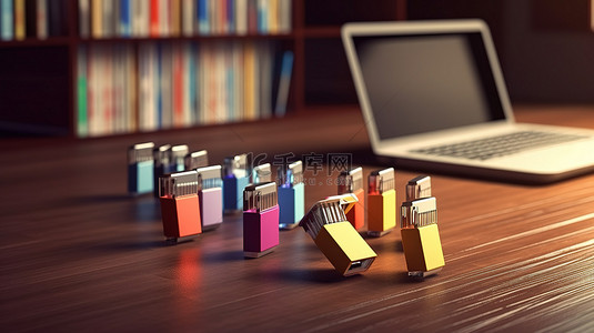 创新学习笔记本电脑连接到 USB 闪存驱动器，木桌上有教科书 3D 渲染