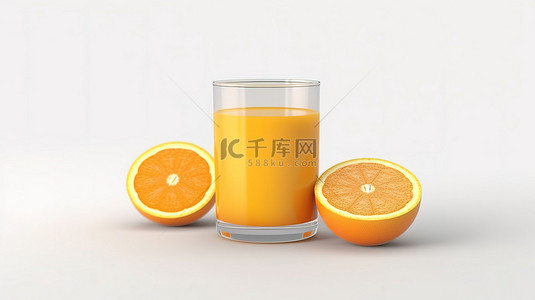 白色背景上橙色水果和多汁橙汁的 3D 渲染