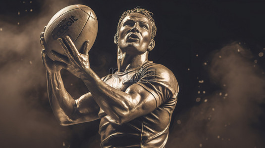 竞技背景图片_胜利的橄榄球运动员与奖杯和球的 3d 复合材料