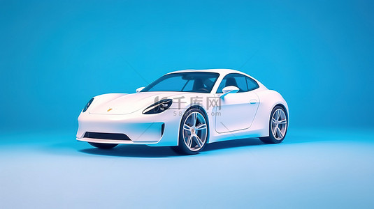 蓝色背景上超速行驶的白色运动轿车，配有经过调整的设计 3D 渲染