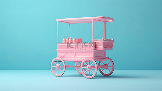 蓝色背景上双色调粉色复古冰淇淋手推车的 3D 渲染