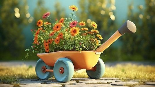 橡胶靴园丁的独轮车充满陶瓷盆栽花朵的 3D 渲染
