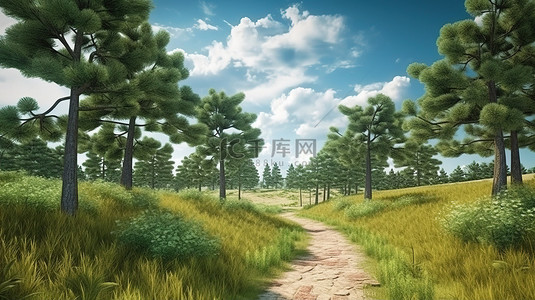 农村小路背景图片_3D 渲染的草地上松树成荫的小路
