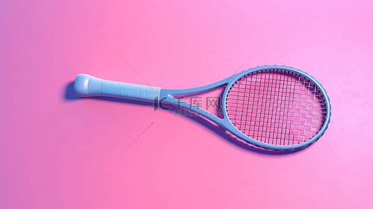 充满活力的粉红色背景上的蓝色网球拍和球的双色调风格 3D 渲染