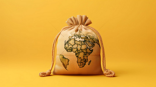 帆布袋子背景图片_黄色背景 3D 渲染上的地球仪绑在质朴的帆布亚麻钱袋上