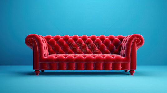 天鹅绒般的红色豪华沙发 3D 渲染在孤立的蓝色背景上