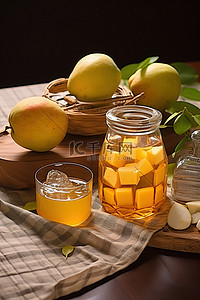芒果tv背景图片_木桌上的芒果蜂蜜和水果