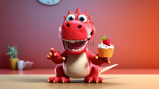 卡通纸杯蛋糕背景图片_滑稽的 3D 恐龙人物抓着美味的纸杯蛋糕