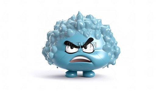 愤怒的 3D 卡通云人物，白色背景上带有类似表情符号的特征