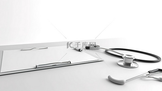 3D 渲染中白色背景上带有空白纸剪贴板和听诊器的医疗工作区