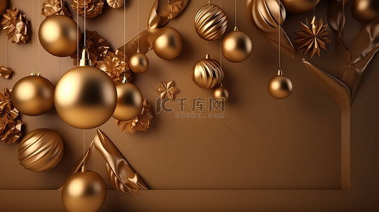 红色金色节日背景图片_挂在 3D 呈现的节日背景上的金色圣诞装饰