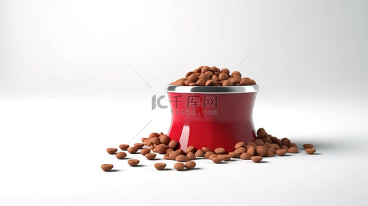 白色背景上的狗粮袋和红碗与干粮的 3D 渲染