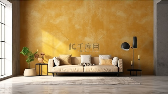 时尚的室内模拟时尚的客厅和优雅的墙壁纹理，配有金色边桌和沙发 3D 渲染