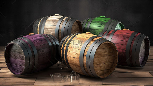 品葡萄酒背景图片_葡萄酒和其他酒精饮料的木桶 3D 插图