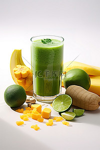 其他食品背景图片_一杯绿色冰沙和其他水果的图像