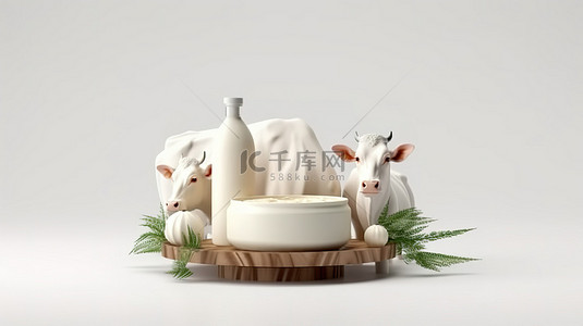 乳白色美容产品广告模型与牛奶提取物 3D 插图在白色背景与切割路径