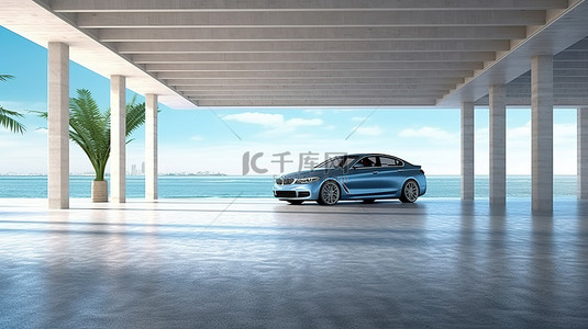 汽车模型图背景图片_海边停车场内部的晨景 3D 渲染图