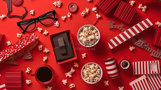 平躺娱乐行业道具电影拍板爆米花碗 3D 眼镜和红色背景录像带