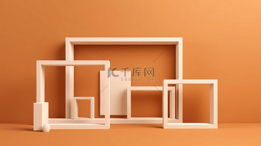 棕色木框背景图片_简约的白色框架与丰富的棕色背景 3D 渲染形成对比